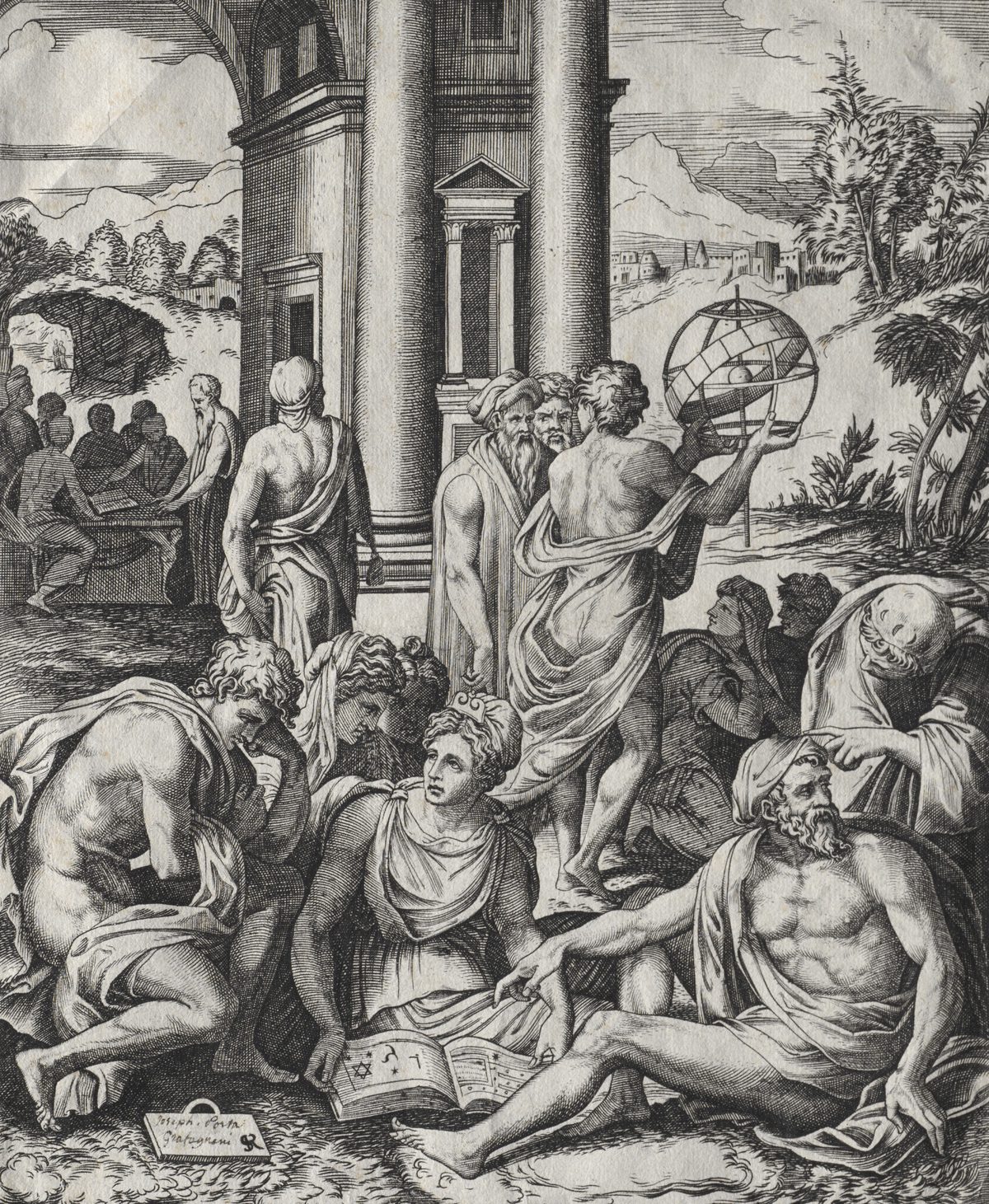 Renaissance engraving of scholars in conversation